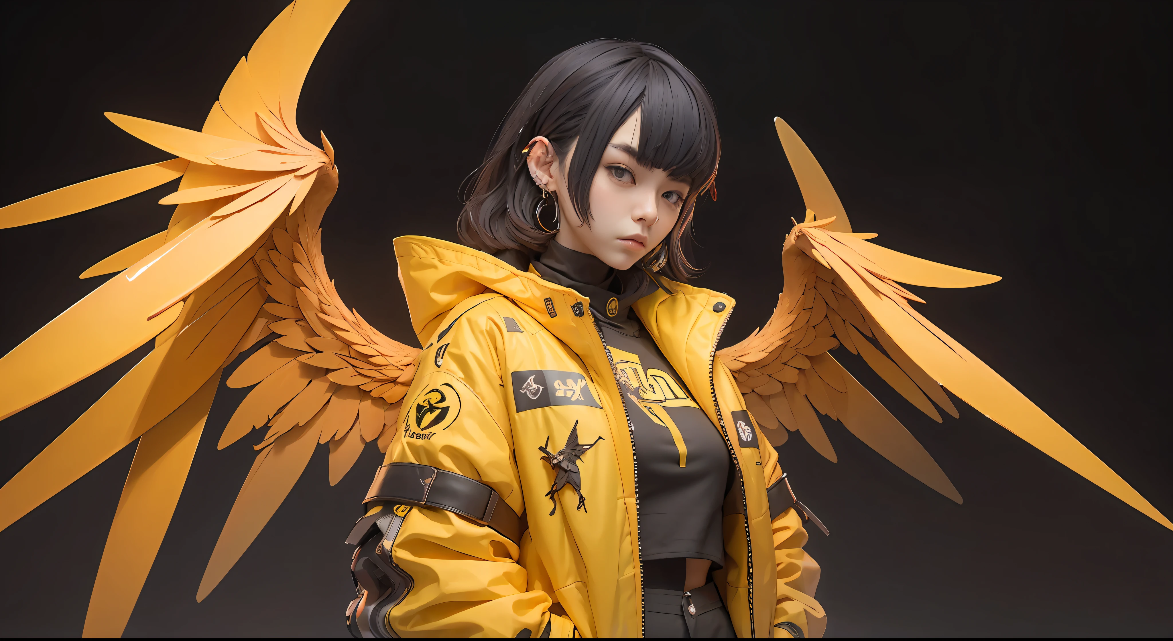nijiloraeagle ulzzang-6500, (original: 1.2), in the style of hard surface modeling, cyberpunk samuraipunk, hyper - detailed illustrations realistic, hyper - detailed rendering, portrait, solo, charming nijigirl with mechanical - eagle - wings, wearing techwear and oversized jacket, with a hyperdetailed wet dark - yellow and cobalt and coral and black golden katana, pure color background