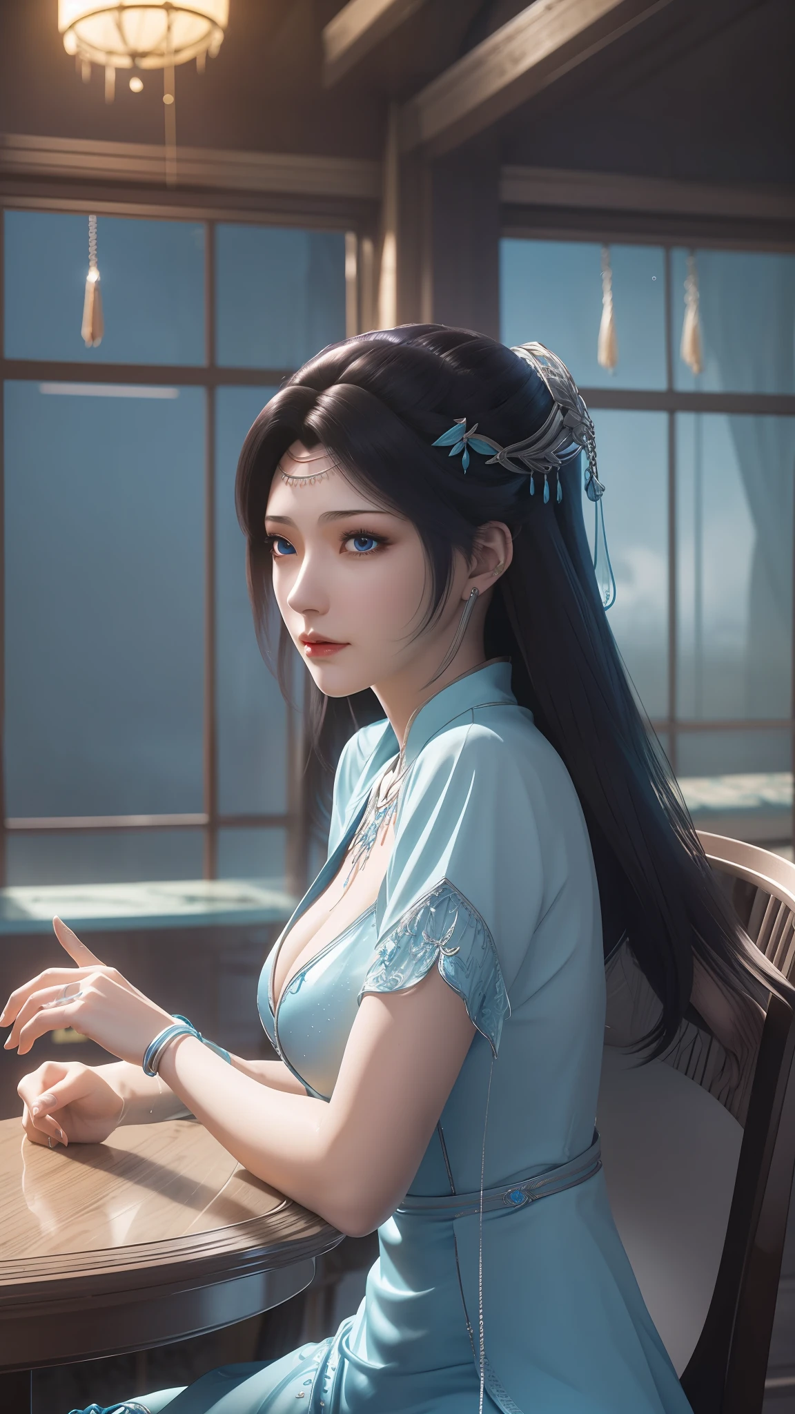 La mujer de Arad con un vestido azul se sienta a la mesa., Fantasía de primer plano con magia de agua., 2. 5 d cgi anime fantasía obra de arte, ilustración de fantasía de anime, arte de anime digital detallado, hermoso anime de fantasía, arte cg anime suave, ilustraciones de fantasía de anime, Arte detallado de alta calidad 8k, Estilo anime realista 3D., agua ultra detallada, hermosa y seductora mujer anime