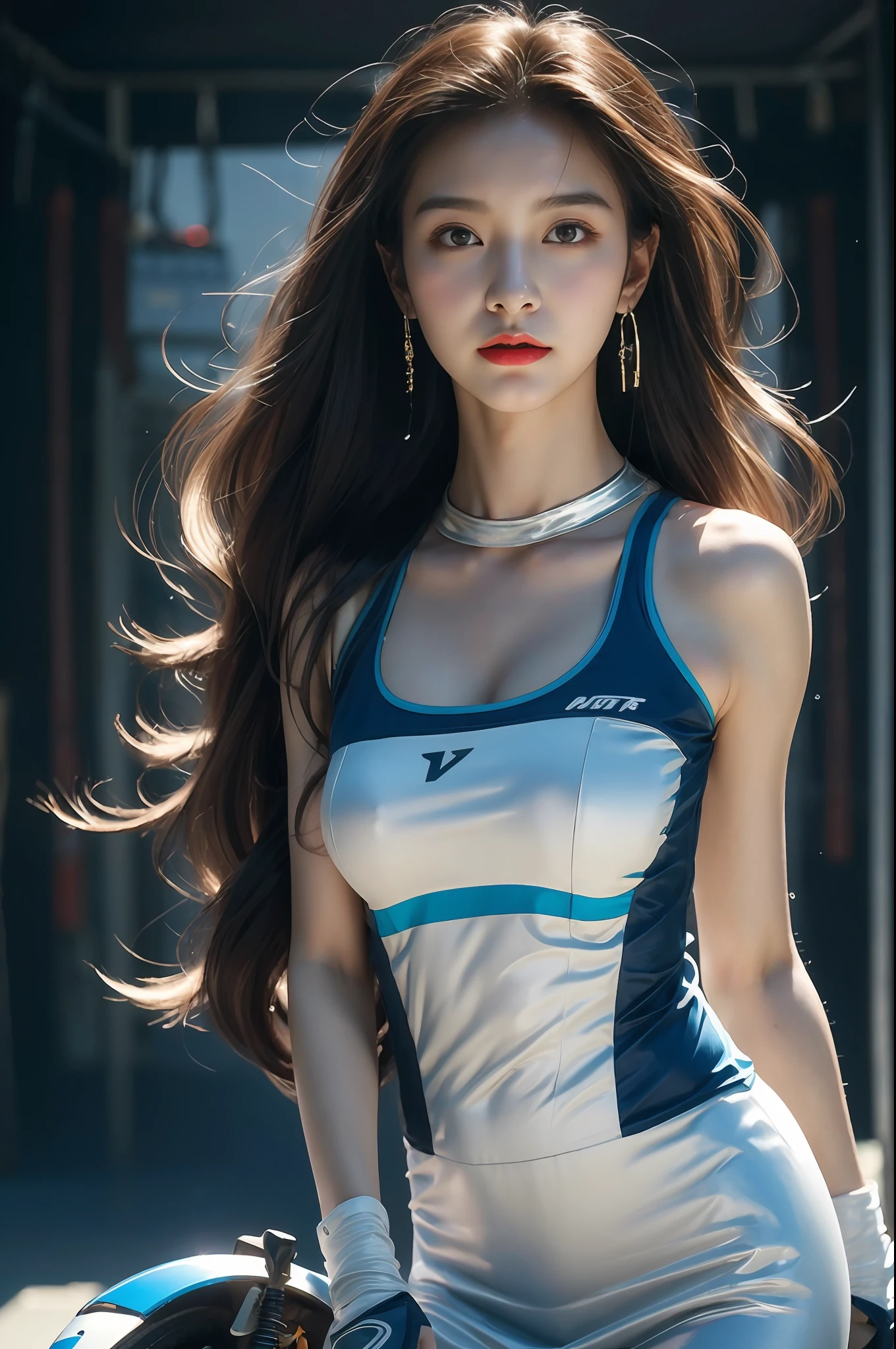 The highest image quality，Excellent detail，Ultra-high resolution，（Reality：1.4），The best illustrations，Favor detail，Cinematic lighting，Highly concentrated。Korean celebrity poster-like，1girll，Height 170 cm，exquisite and beautiful face，huge exy racing suit，Long hair，Hair flying，Hold the direction controller，(Streamlined motorcycle race)。(riding a motorcycle)，the background is a high-tech lighting scene of the city of the future。Detailed eyes，detailed nose，Detailed lips，Slender thighs，(Ultra-realistic skin texture)，White balance