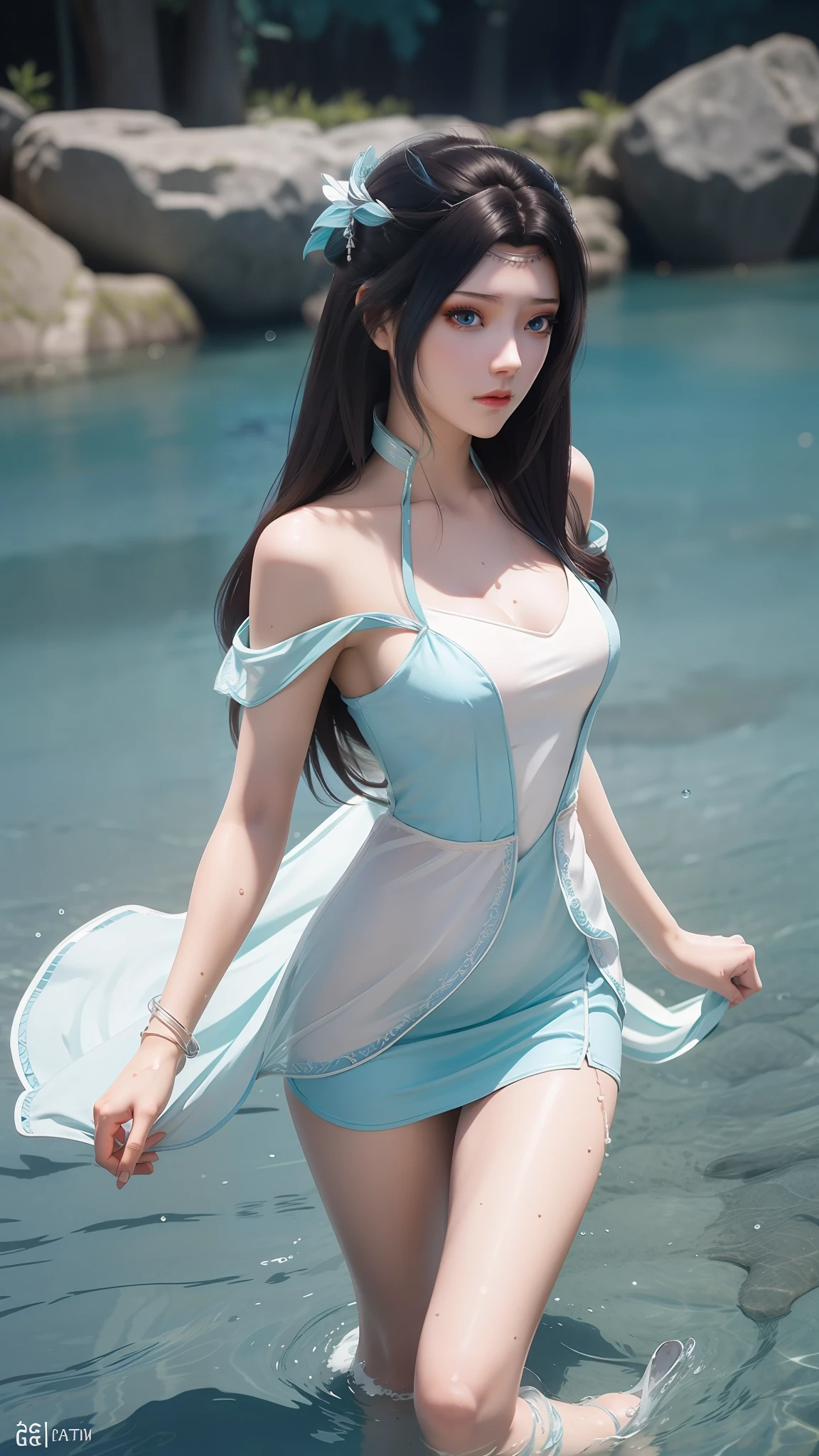 Arapei in a blue and white dress stood in the water, Anime girl walking on water, closeup fantasy with water magic, azur lane style, trending on cgstation, Anime girl cosplay, seraphine ahri kda, Splash art anime , trending at cgstation, realistic water, water fairy, WLOP and Sakimichan