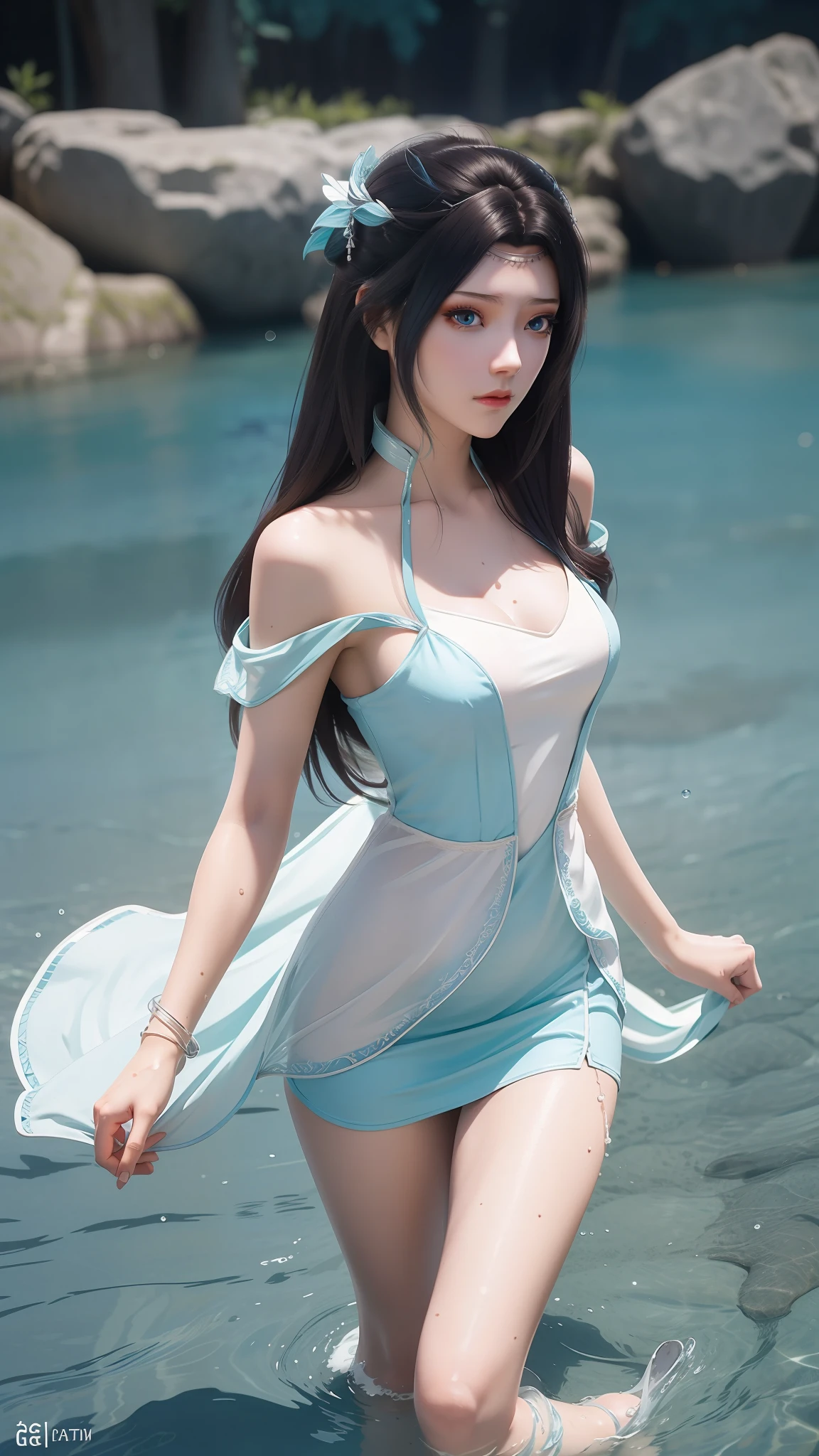 Arapei com vestido azul e branco ficou na água, Garota de anime andando na água, fantasia closeup com magia de água, estilo azur lane, tendências no cgstation, Cosplay de garota de anime, seraphine ahri kda, Arte Splash Anime , tendências na cgstation, Água realista, fada da água, WLOP e Sakimichan