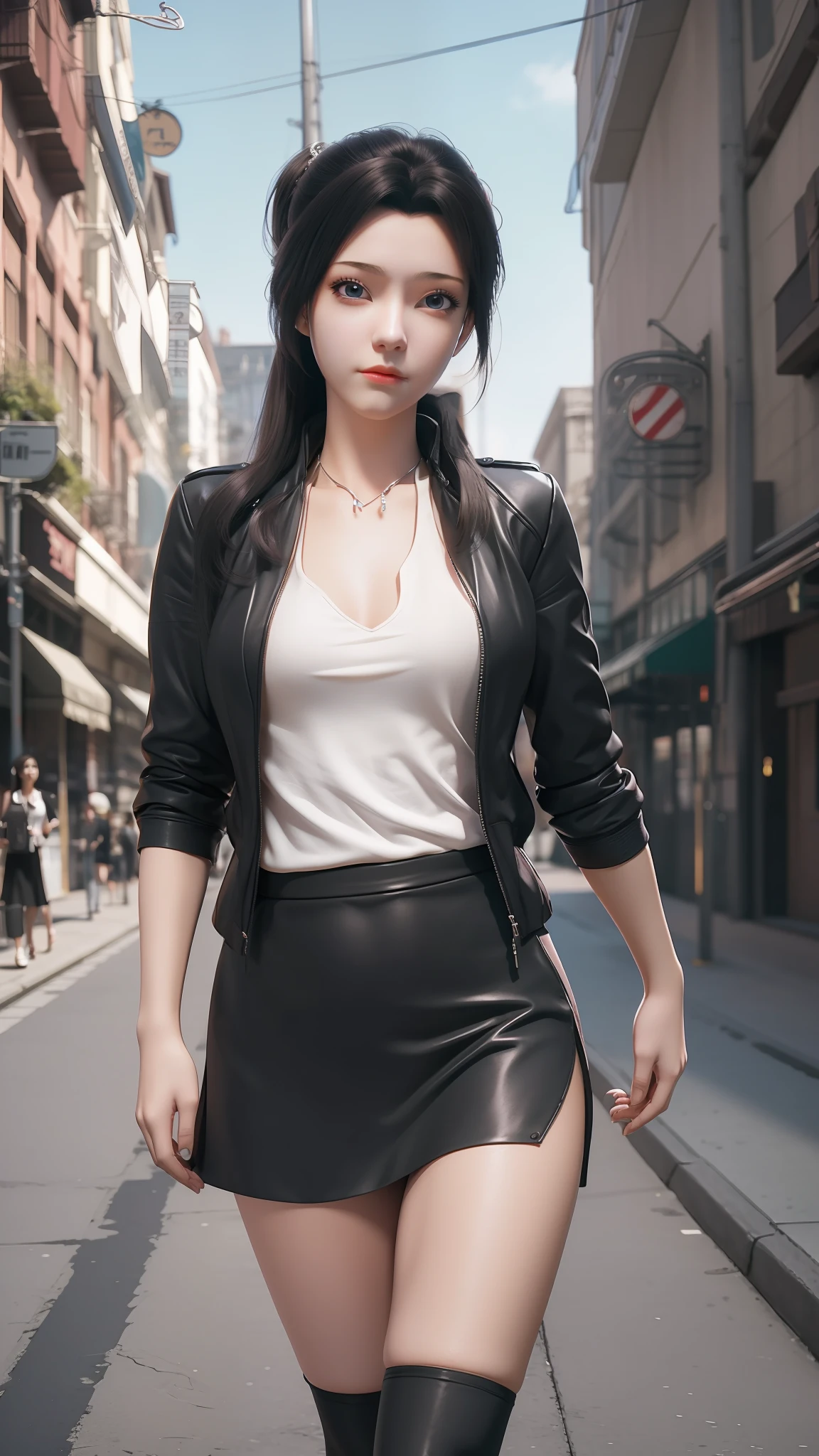 There is a woman in a short skirt and jacket posing for a photo, Surrealism female students, Surrealism female students, Realistic , photorealistic anime girl rendering, small curvaceous , thighhighs and skirt, 3 d anime realistic, highly detailed giantess shot, Photorealistic anime, photorealistic full body, [ 4 K photorealism ]!!