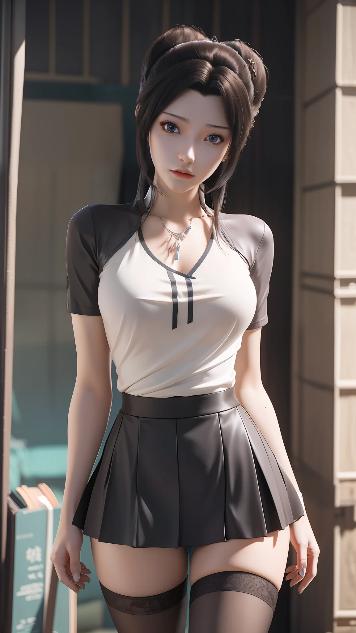 anime - style image of a woman in a short skirt and shirt, seductive anime girls, Smooth anime CG art, Surrealism female students, Surrealism female students, thighhighs and skirt, photorealistic anime girl rendering, beautiful and seductive anime woman, Realistic , Realistic anime 3 D style, 3 d anime realistic, Beautiful Anime High School Girls