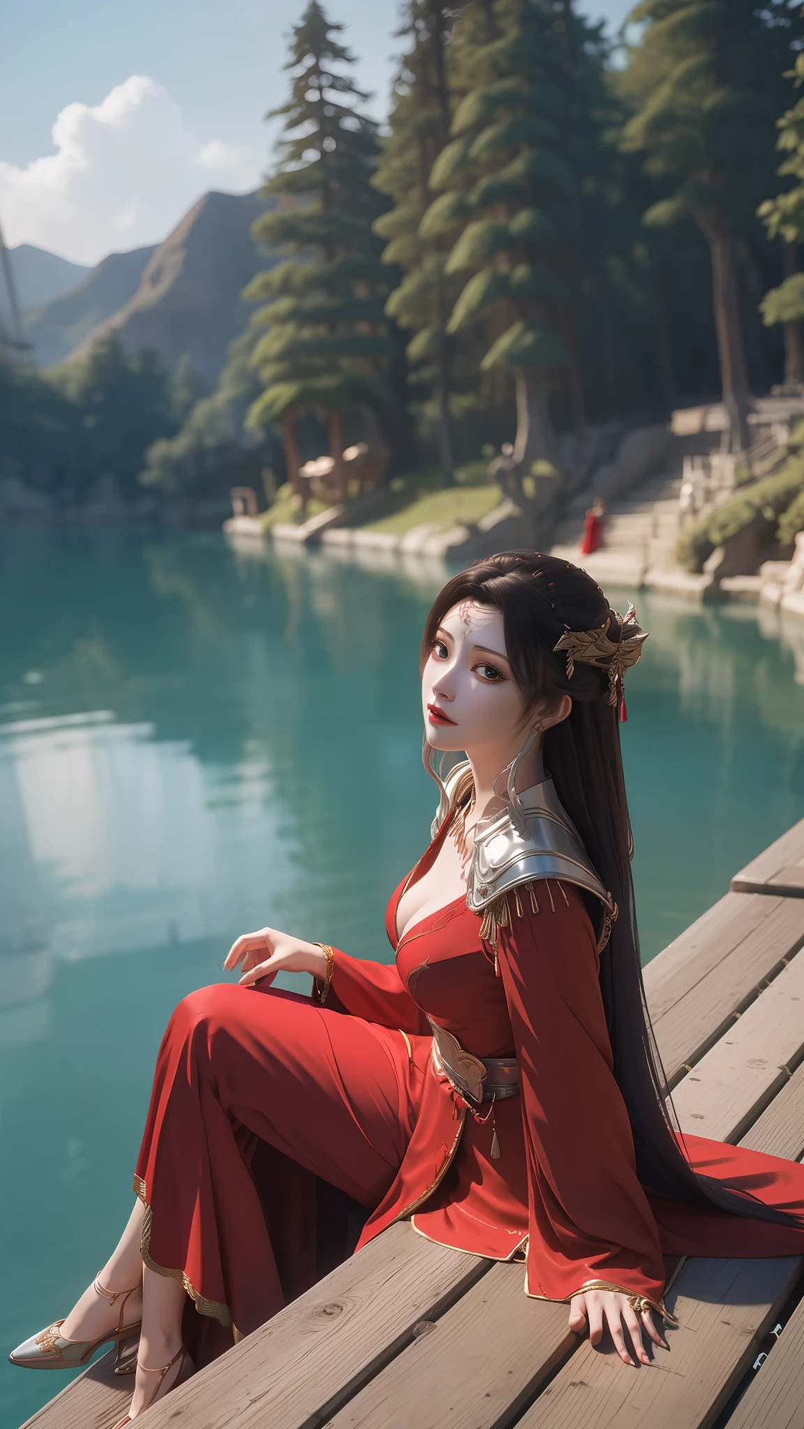 Femme d&#39;Arad en robe rouge assise sur un quai au bord du lac, une peinture photoréaliste inspirée de Du Qiong, Tendance de la CGsociety, art fantastique, dame en armure rouge, porter des robes rouges dorées, femme anime belle et séduisante, succube en kilt serré, portant des robes royales rouges dorées, Armure argentée et vêtements rouges, tenue fantastique