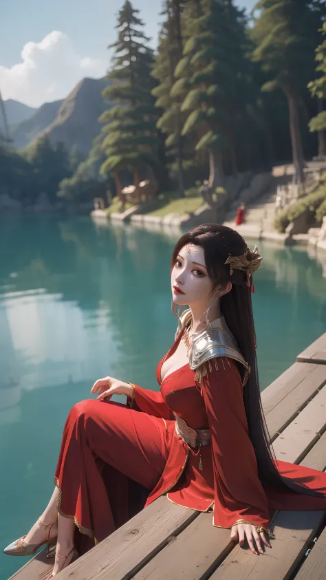 Arad woman in a red dress sitting on a dock by the lake, a photorealistic painting inspired by Du Qiong, Trend of CGsociety, Fan...