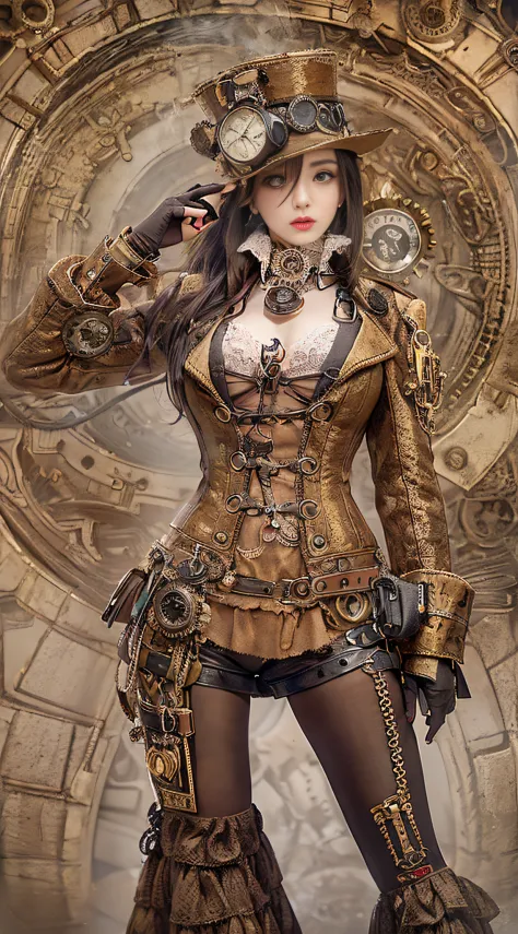 Woman in steampunk costume taking photo, wearing steampunk attire, steampunk fantasy style, (Steampunk), ( Steampunk ), a steamp...