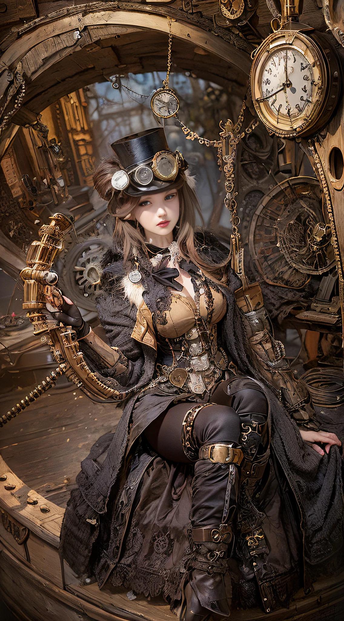 Mujer con disfraz steampunk tomando una foto, vistiendo ropa steampunk, fantasía steampunk style, (steampunk), ( steampunk ), una hermosa diosa steampunk, steampunk hermosa anime mujer, steampunk Girl, steampunk style, fantasía steampunk, steampunk, chica inventora steampunk, steampunk dorado, steampunc, steampunc, Ambientado en un mundo steampunk, Concepto vívido steampunk