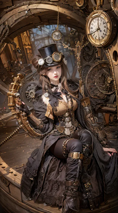 Woman in steampunk costume taking photo, wearing steampunk attire, steampunk fantasy style, (Steampunk), ( Steampunk ), a steamp...