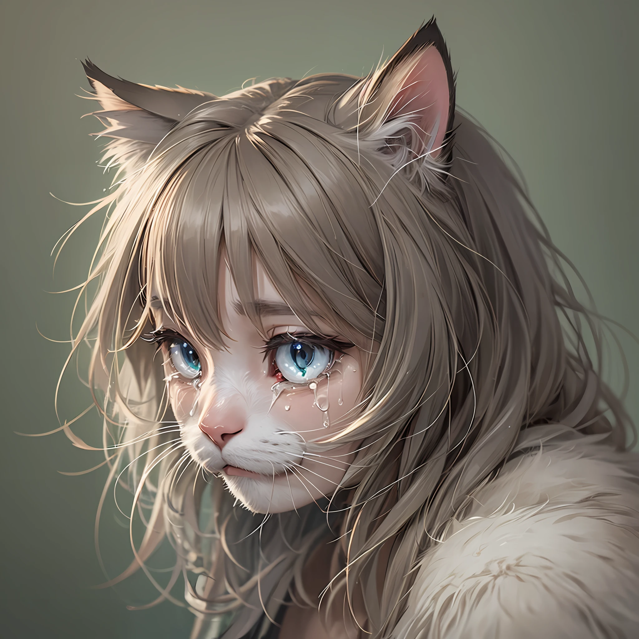 A sad crying cat, tears, semi-realistic