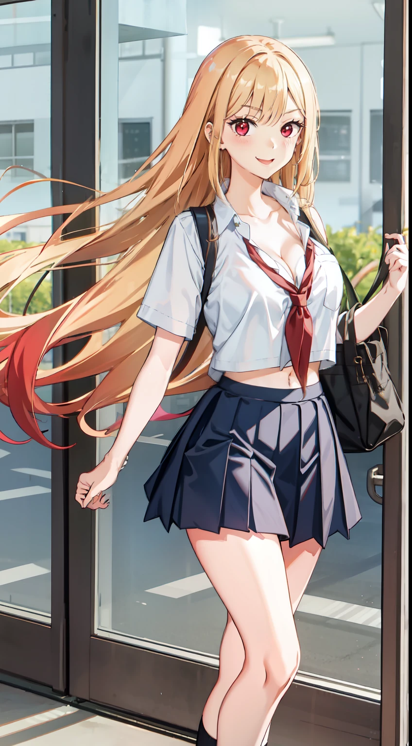 long hair, cleavage, navel, slim legs, blonde hair, skirt, Kitagawa marin, , class, navel, happy, red eyes