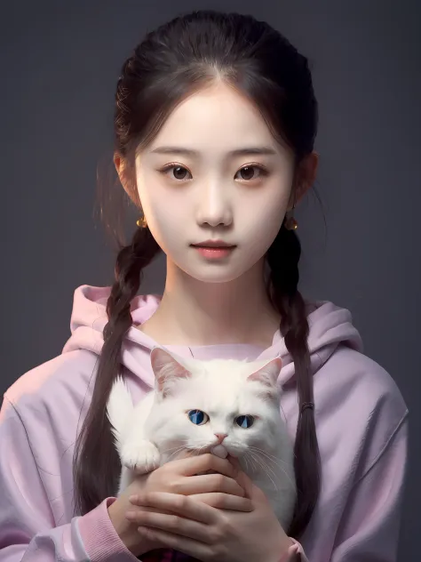 chinese female high school student，pink plaid hooded shirt，holding a white cat