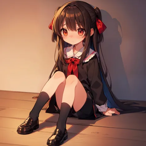 10 year old girl、sitting on、frontage、red blush、Teary-eyed、length hair、Large Hair Ribbon、Black shorts、Toostock、brown shoes、Soft tones、Dreamy background、Every detail is meticulously explained.、High-quality CG illustrations、Best light and shadow、Vibrant color...