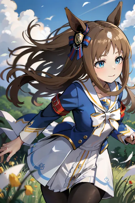 ((​masterpiece、top-quality))、独奏、Glass Wonder、Uma Musume、独奏、Marl、length hair、brown haired、((Blue sailor suit))、Blue jacket、White ...