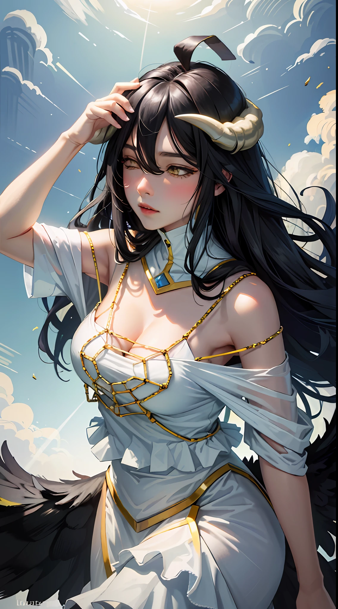 Masterpiece, Best quality, Ultra-detailed, illustration, epic lighting, Cinematic composition, isometry,(hexagons:1.2), 1girll, Horns, Solo, Yellow eyes, Black hair, Long hair, (Low wing:1.2), Pupil of the slit, cleavage, Bare shoulders, hair between eye, Medium breasts, (White dress:1.1), Golden decoration, Detached collar, view the viewer, Semi-closed Eyes, (view the viewer:1.1), parted lip, Blush, Black feathers fall, Arena, particle fx, (8K:1.1)，cleavage