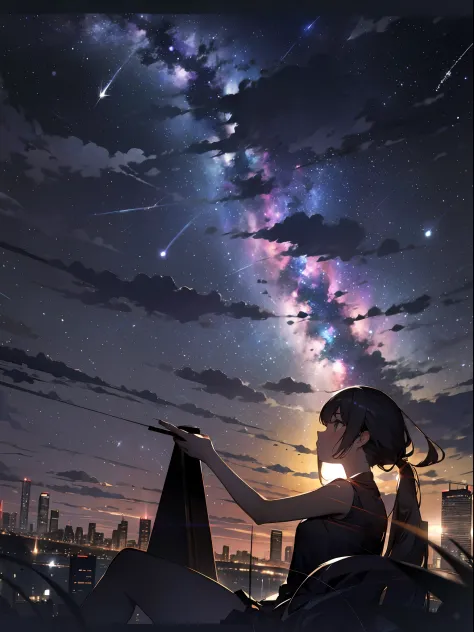 sky, star (sky), scenery, starry sky, night, 1girl, night sky, solo, outdoors, building, cloud, milky way, sitting, tree, long h...