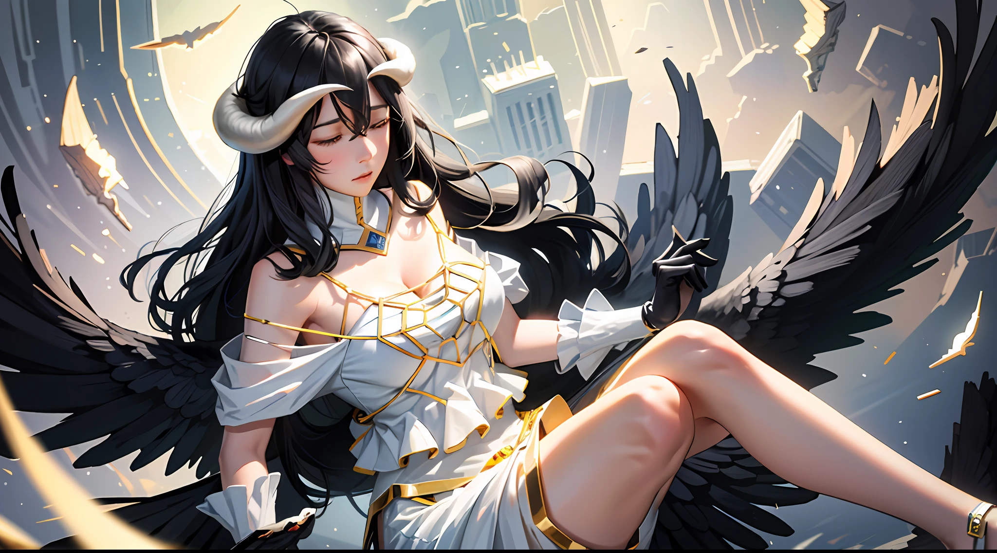 Masterpiece, Best quality, Ultra-detailed, illustration, epic lighting, Cinematic composition, isometry,(hexagons:1.2), 1girll, Horns, Solo, Yellow eyes, Black hair, Long hair, (Low wing:1.2), Pupil of the slit, cleavage, Bare shoulders, hair between eye, Medium breasts, (White dress:1.1), Golden decoration, Detached collar, view the viewer, Semi-closed Eyes, (view the viewer:1.1), parted lip, Blush, Black feathers fall, Arena, particle fx, (8K:1.1)，cleavage