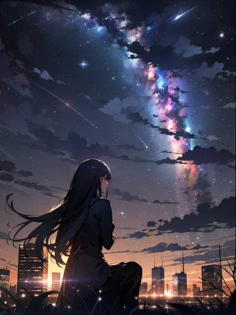 sky, star (sky), scenery, starry sky, night, 1girl, night sky, solo, outdoors, building, cloud, milky way, sitting, tree, long h...