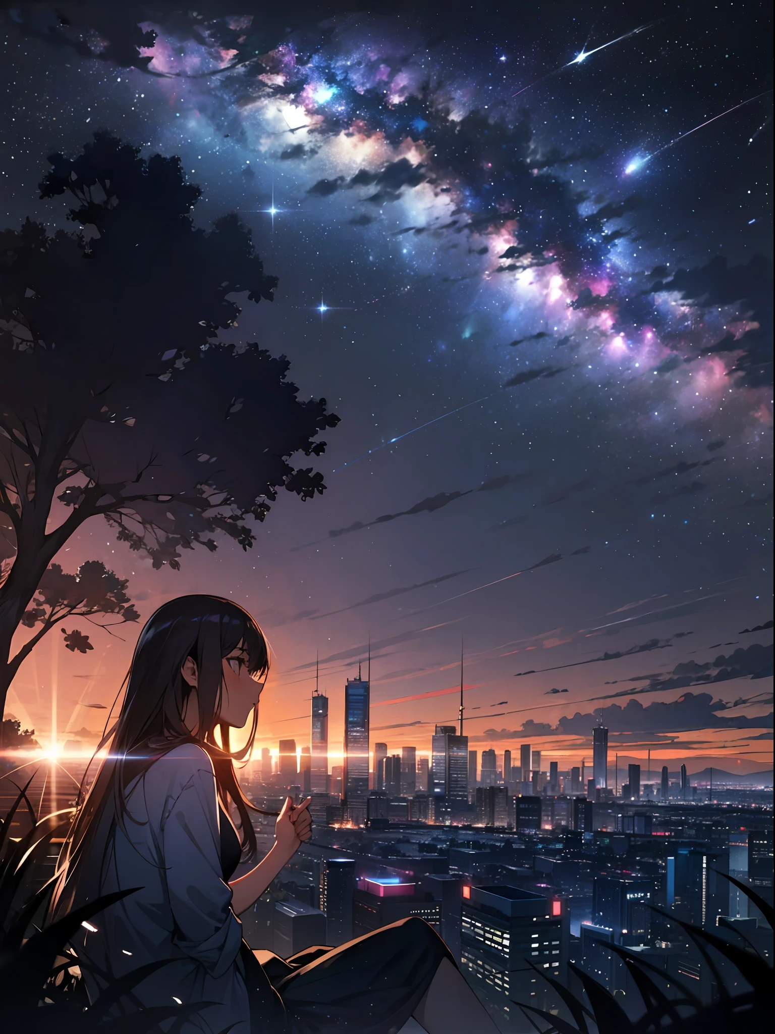 sky, star (sky), scenery, starry sky, night, 1girl, night sky, solo, outdoors, building, cloud, milky way, sitting, tree, long hair, city, silhouette, cityscape