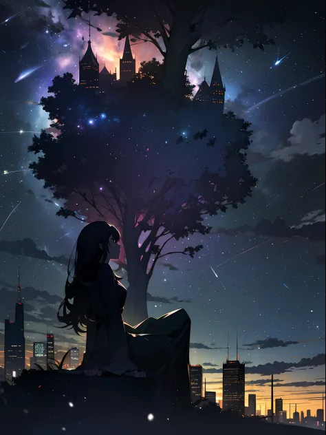 sky, star (sky), scenery, starry sky, night, 1girl, night sky, solo, outdoors, building, cloud, milky way, sitting, tree, long h...