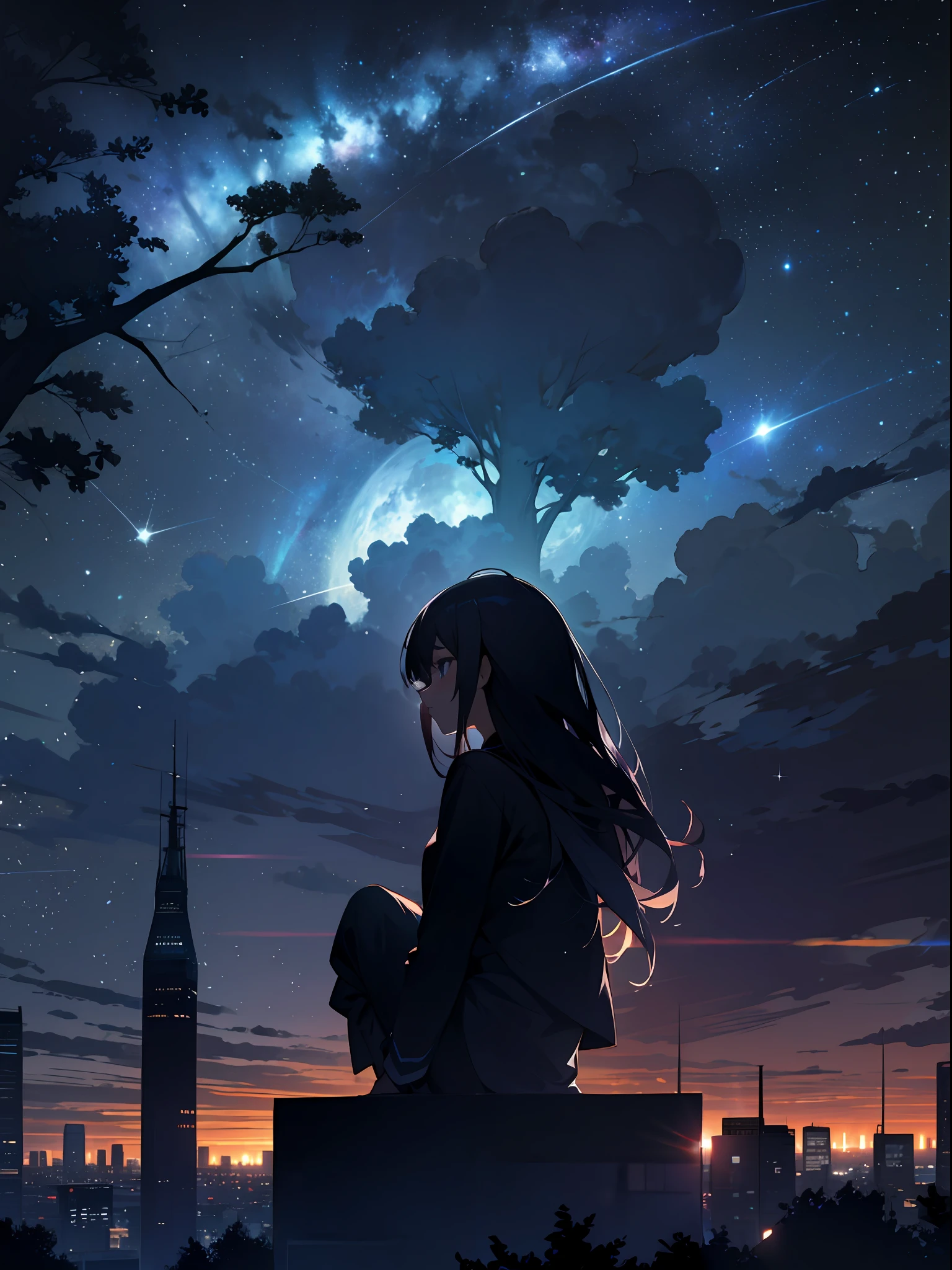 sky, star (sky), scenery, starry sky, night, 1girl, night sky, solo, outdoors, building, cloud, milky way, sitting, tree, long hair, city, silhouette, cityscape