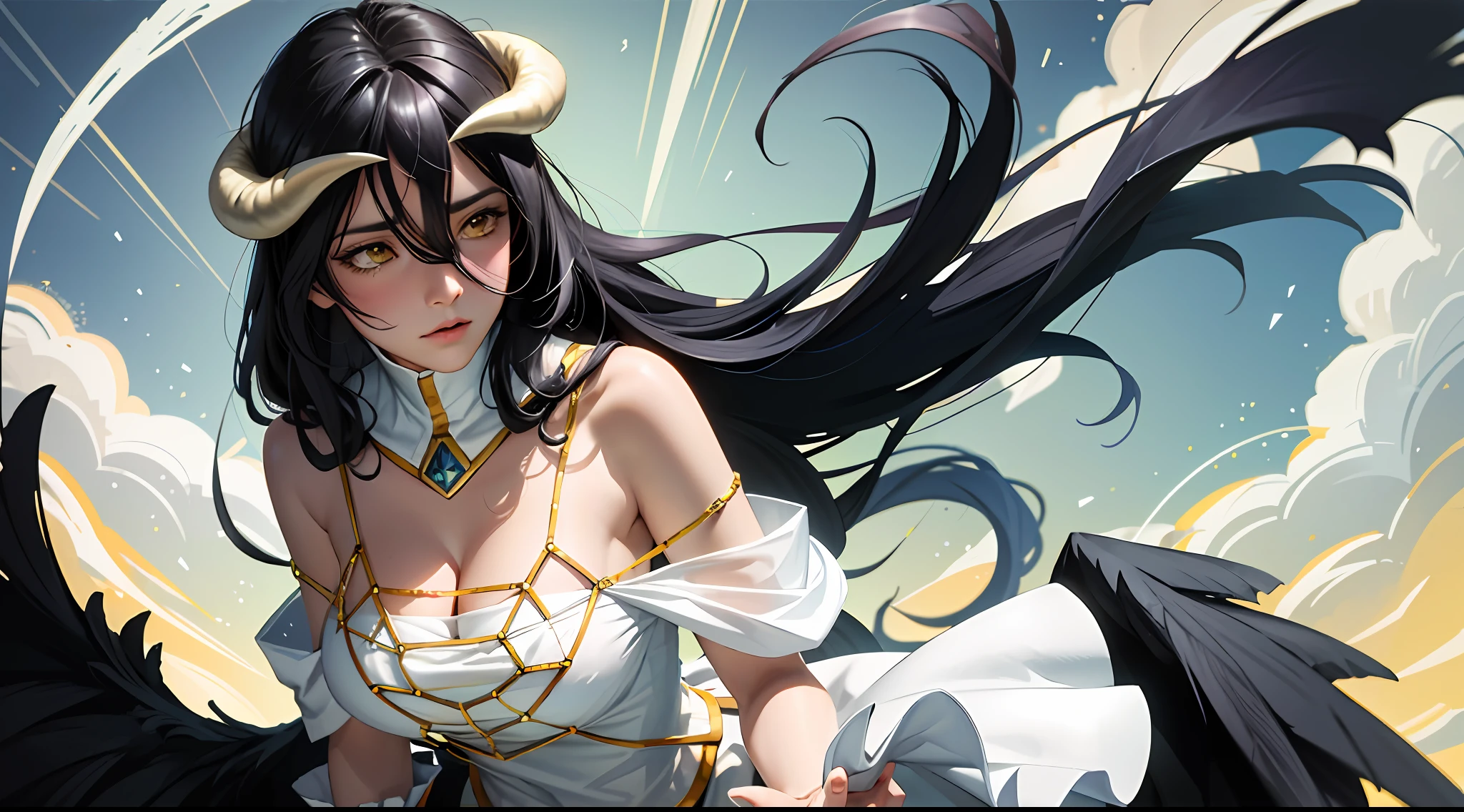 Masterpiece, Best quality, Ultra-detailed, illustration, epic lighting, Cinematic composition, isometry,(hexagons:1.2), 1girll, Horns, Solo, Yellow eyes, Black hair, Long hair, (Low wing:1.2), Large cleavage, Bare shoulders, hair between eye, Medium breasts, (White dress:1.1), Golden decoration, Detached collar, view the viewer, Semi-closed Eyes, (view the viewer:1.1), parted lip, Blush, Black feathers fall, Arena, particle fx, (8K:1.1)