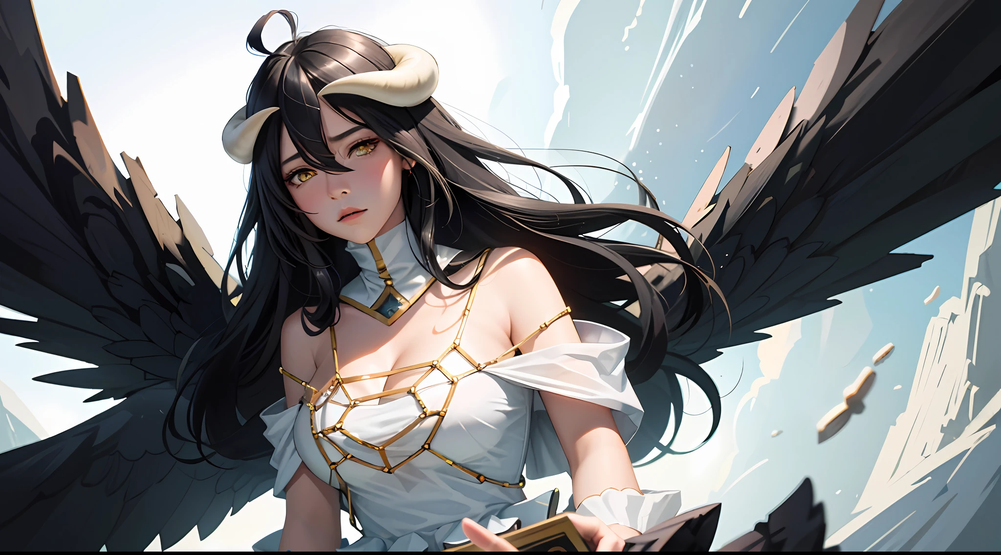 Masterpiece, Best quality, Ultra-detailed, illustration, epic lighting, Cinematic composition, isometry,(hexagons:1.2), 1girll, Horns, Solo, Yellow eyes, Black hair, Long hair, (Low wing:1.2), Large cleavage, Bare shoulders, hair between eye, Medium breasts, (White dress:1.1), Golden decoration, Detached collar, view the viewer, Semi-closed Eyes, (view the viewer:1.1), parted lip, Blush, Black feathers fall, Arena, particle fx, (8K:1.1)