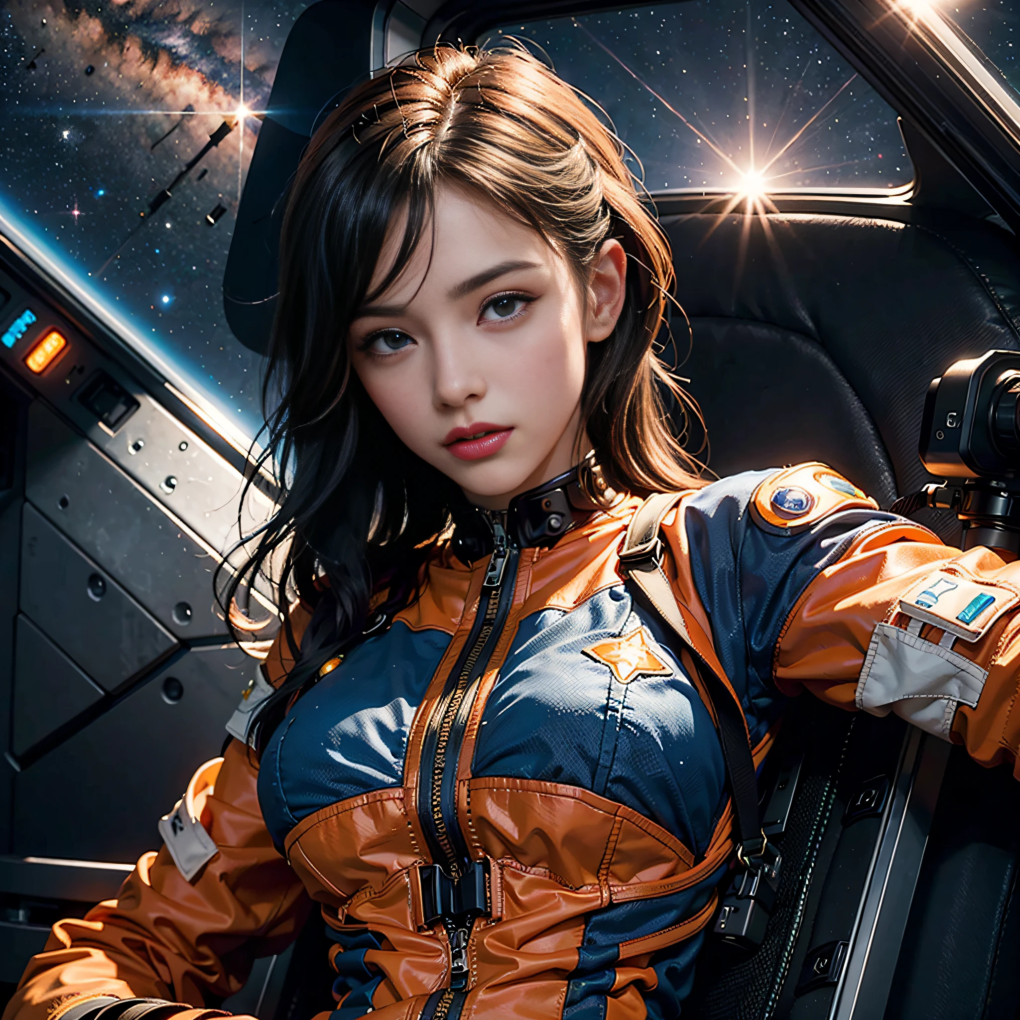 Simpatic Franch woman (32 years), (orange space suit:1.3), unified 8k wallpaper, super detailed, beautiful and aesthetic, beautiful, masterpiece, best quality, raw, masterpiece, super fine photo, best quality, super high resolution, photorealistic realism, sunlight, full-body portrait, amazing beauty, dynamic pose, delicate face, vibrant eyes, (from the front), sits in space capsule, blue color scheme, open chest, very detailed abandoned spaceship, detailed face, detailed complex stars background, messy, gorgeous, milky way, highly detailed skin, realistic skin details, visible pores, sharp focus, volumetric fog, 8k uhd, DSLR camera, high quality, film grain, fair skin, photo realism, huge space metropolis in future dystopia, seen from below, translucent