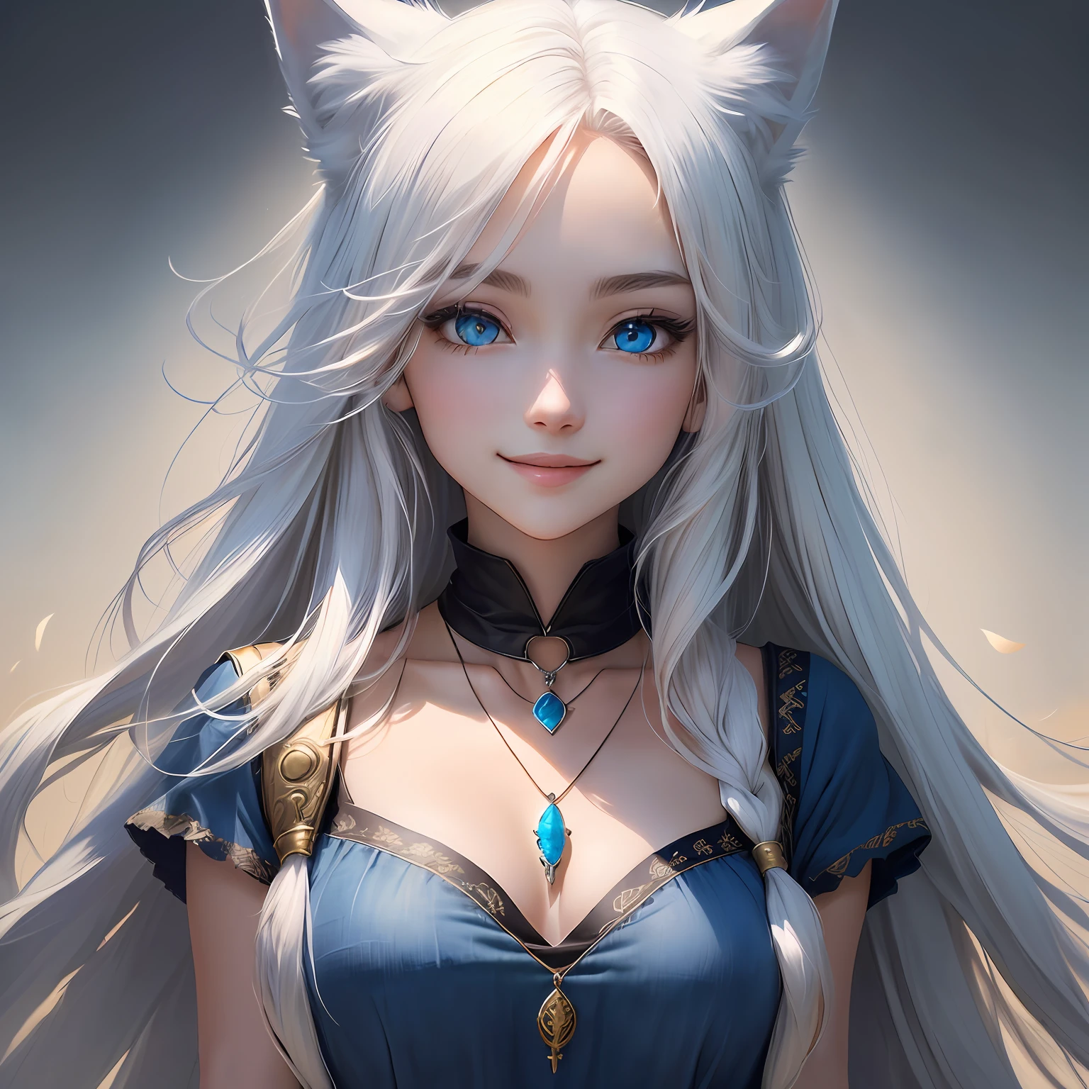 White wolf ears, a brown anime girl with white long hair, blue eyes, little smile, bell necklace around the neck, used to make avatar
