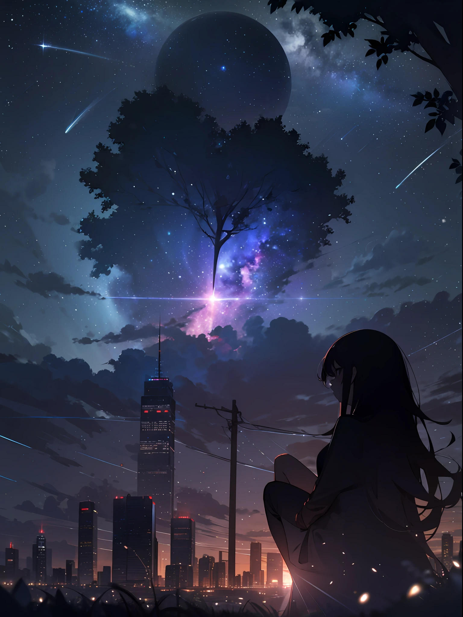 sky, star (sky), scenery, starry sky, night, 1girl, night sky, solo, outdoors, building, cloud, milky way, sitting, tree, long hair, city, silhouette, cityscape