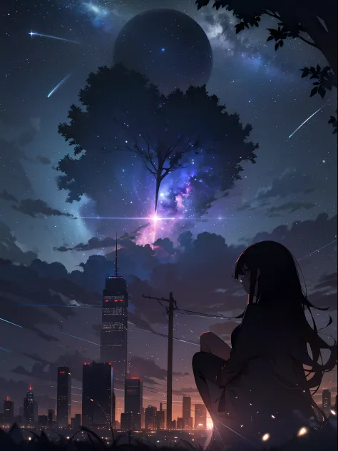 sky, star (sky), scenery, starry sky, night, 1girl, night sky, solo, outdoors, building, cloud, milky way, sitting, tree, long h...