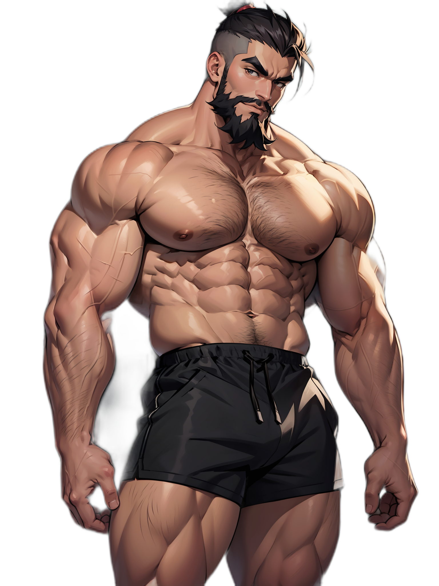 best quality, masterpiece, anime art style, very tall, big muscle, mature male, beard, abs, large pectoral, large biceps, thick thigh, hairy, thick eyebrows, manly, crew cut