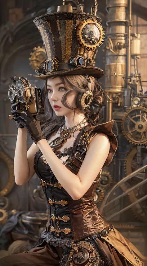 Woman in steampunk costume taking photo, wearing steampunk attire, steampunk fantasy style, (Steampunk), ( Steampunk ), a steamp...