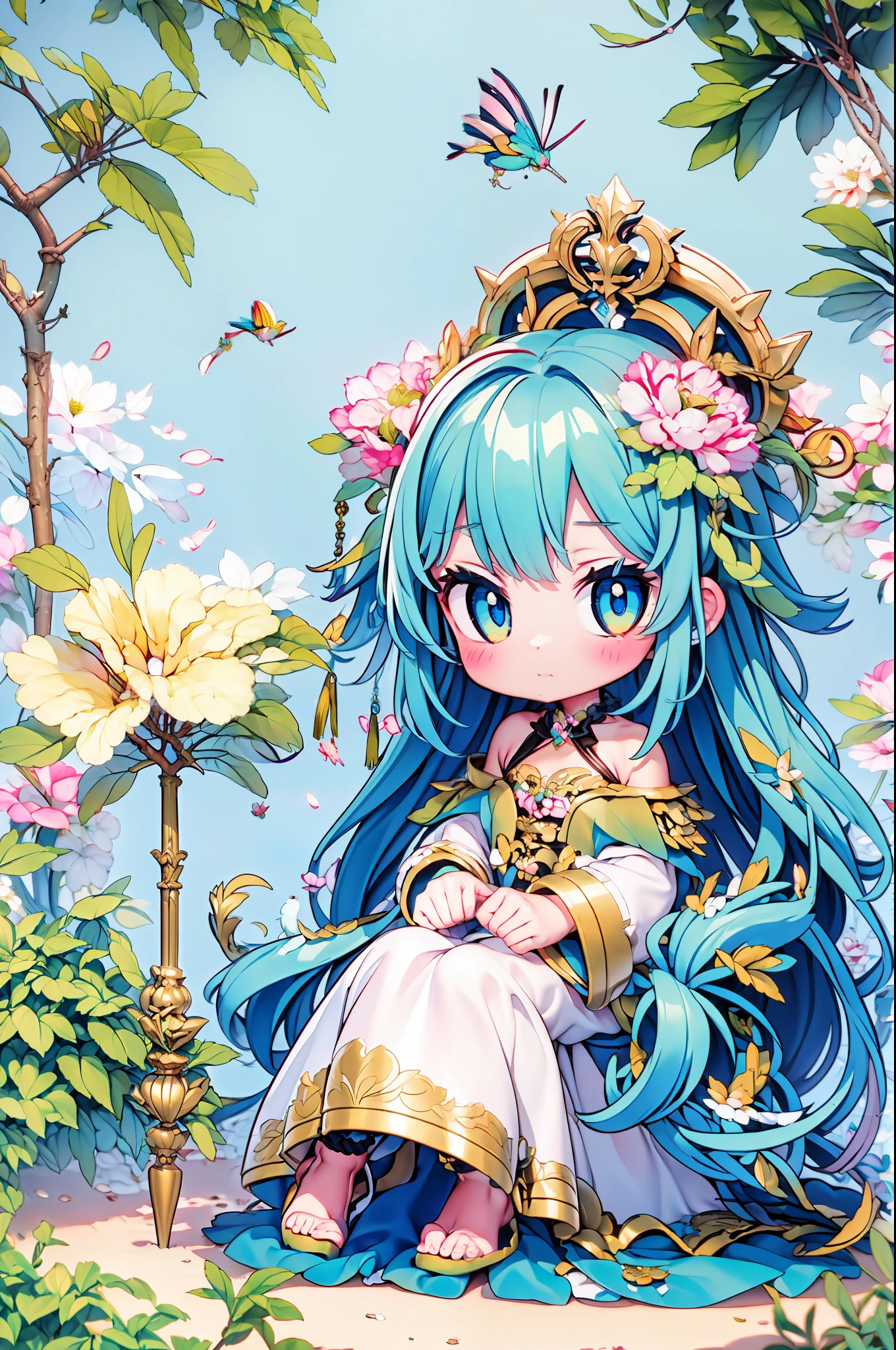 A goddess of flowers. Everything covered in flowers, Rest on his throne made of branches and plants in the middle of a spring garden.. She is extremely beautiful and her skin is clear and fine., Her eyes are innocent and sweet