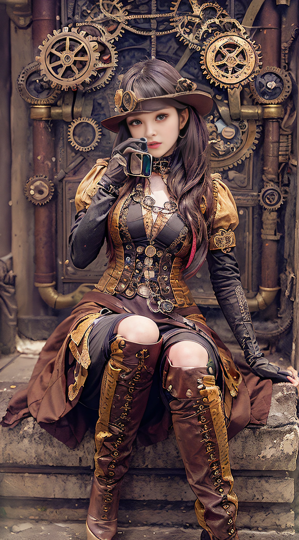 Mulher fantasiada de steampunk tirando foto, vestindo traje steampunk, fantasia steampunk style, (steampunk), ( steampunk ), uma linda deusa steampunk, steampunk linda mulher anime, steampunk Girl, steampunk style, fantasia steampunk, steampunk, garota inventora steampunk, steampunk dourado, steampunc, steampunc, Situado em um mundo steampunk, Conceito steampunk vívido