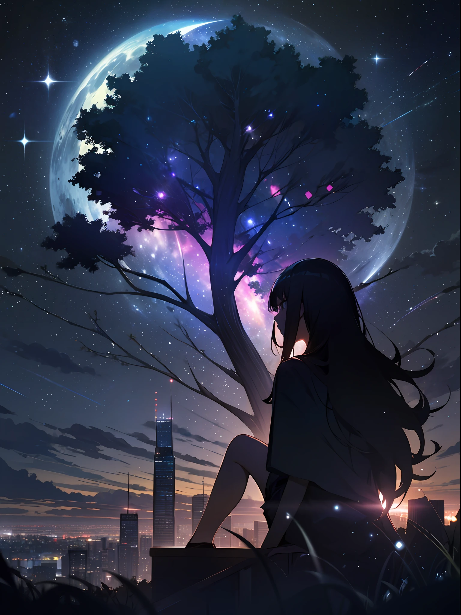 Ciel, étoile (Ciel), paysage, étoilery Ciel, nuit, 1fille, nuit Ciel, seulement, En plein air, bâtiment, nuage, voie Lactée, Séance, arbre, cheveux longs, Ville, silhouette, Villescape