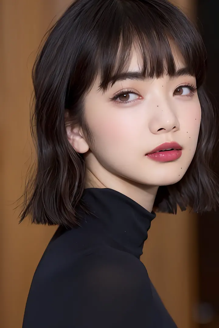 (short hair, flowing bangs: 1.5), chic turtleneck, ((dark tone hair color: 1.1)), chic makeup