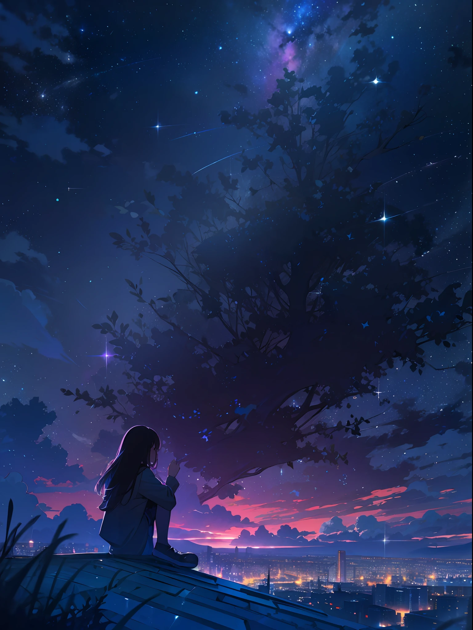 cielo, estrella (cielo), escenario, estrellary cielo, Noche, 1 chica, Noche cielo, solo, Al aire libre, edificio, nube, vía Láctea, Sesión, árbol, pelo largo, ciudad, silueta, ciudadscape