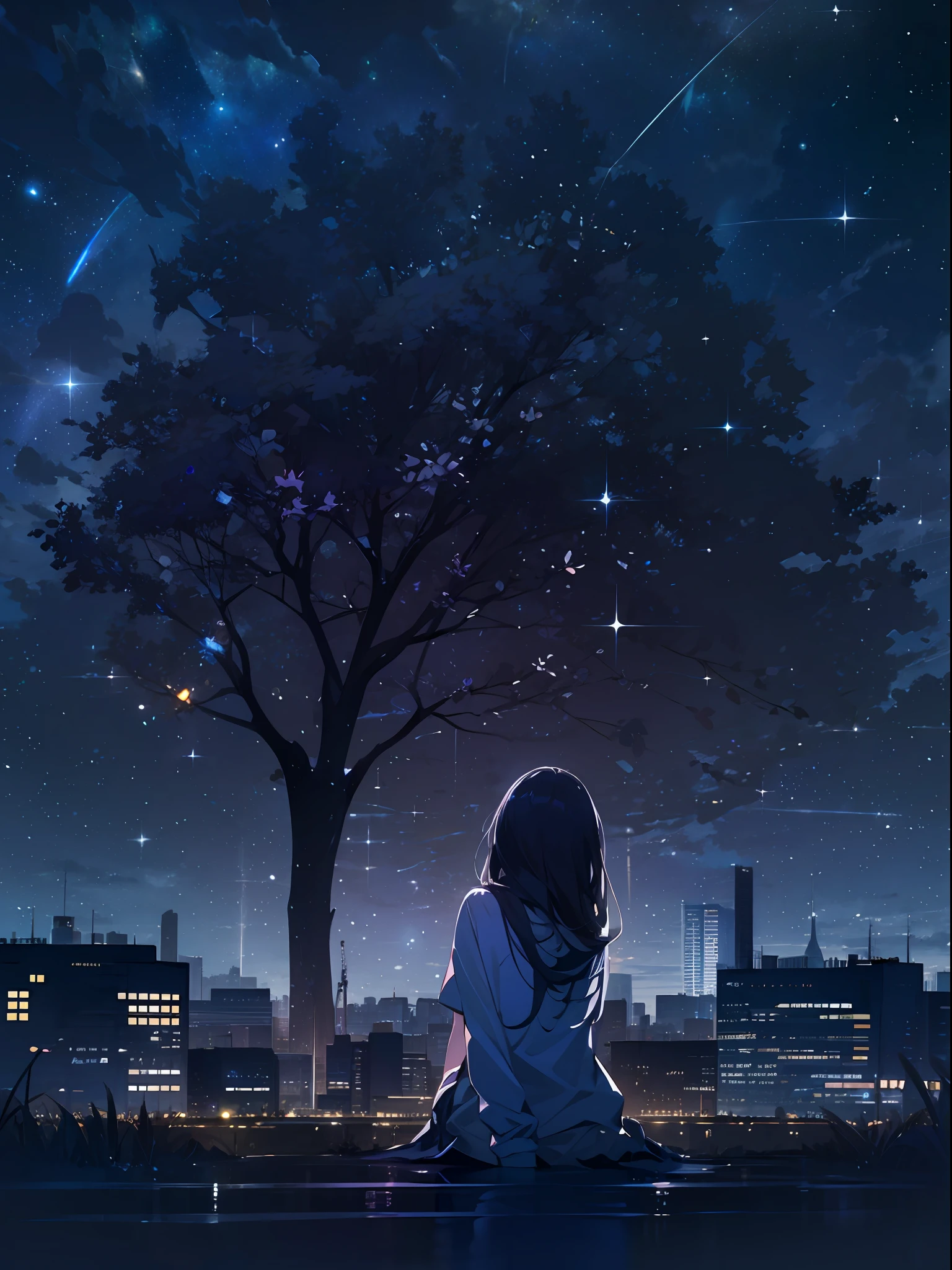 sky, star (sky), scenery, starry sky, night, 1girl, night sky, solo, outdoors, building, cloud, milky way, sitting, tree, long hair, city, silhouette, cityscape