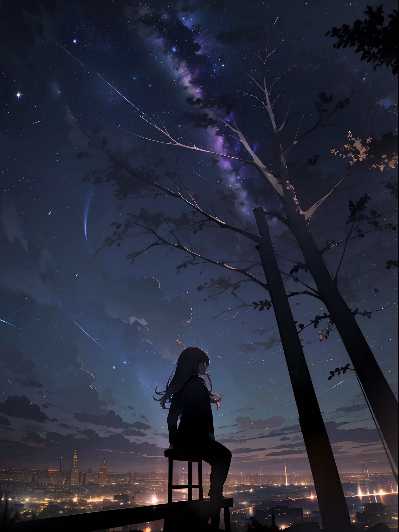 Ciel, étoile (Ciel), paysage, étoilery Ciel, nuit, 1fille, nuit Ciel, seulement, En plein air, bâtiment, nuage, voie Lactée, Séance, arbre, cheveux longs, Ville, silhouette, Villescape