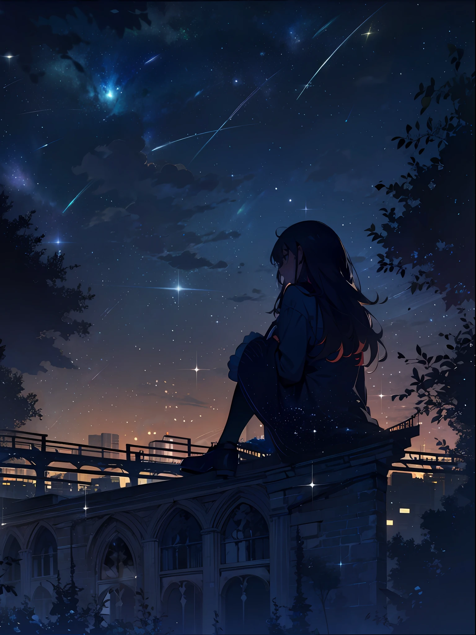 cielo, estrella (cielo), escenario, estrellary cielo, Noche, 1 chica, Noche cielo, solo, Al aire libre, edificio, nube, vía Láctea, Sesión, árbol, pelo largo, ciudad, silueta, ciudadscape