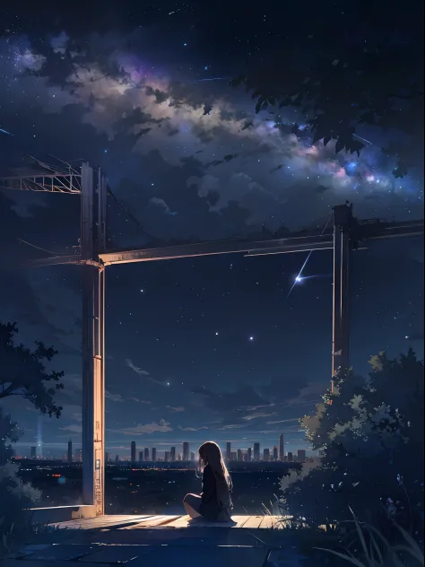 sky, star (sky), scenery, starry sky, night, 1girl, night sky, solo, outdoors, building, cloud, milky way, sitting, tree, long h...