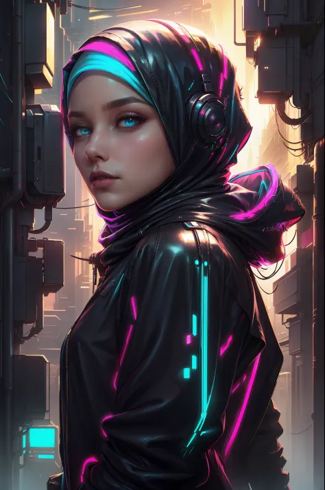 (blue and magenta), (neon cyberpunk hijab: 1.5), [style: neon cyberpunk: 1.3], (raw photos: 1.2), (perfect eyes: 1.5)),  (photor...