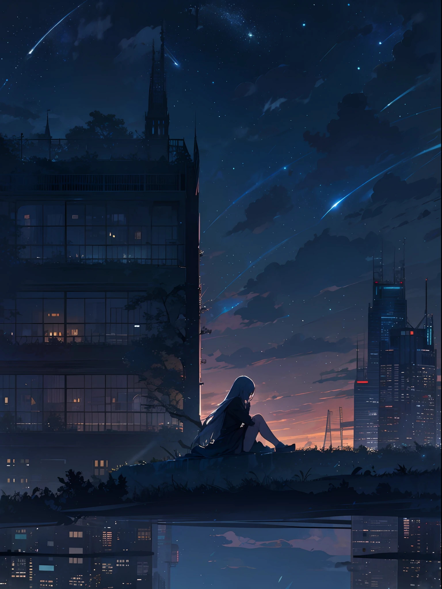 sky, star (sky), scenery, starry sky, night, 1girl, night sky, solo, outdoors, building, cloud, milky way, sitting, tree, long hair, city, silhouette, cityscape