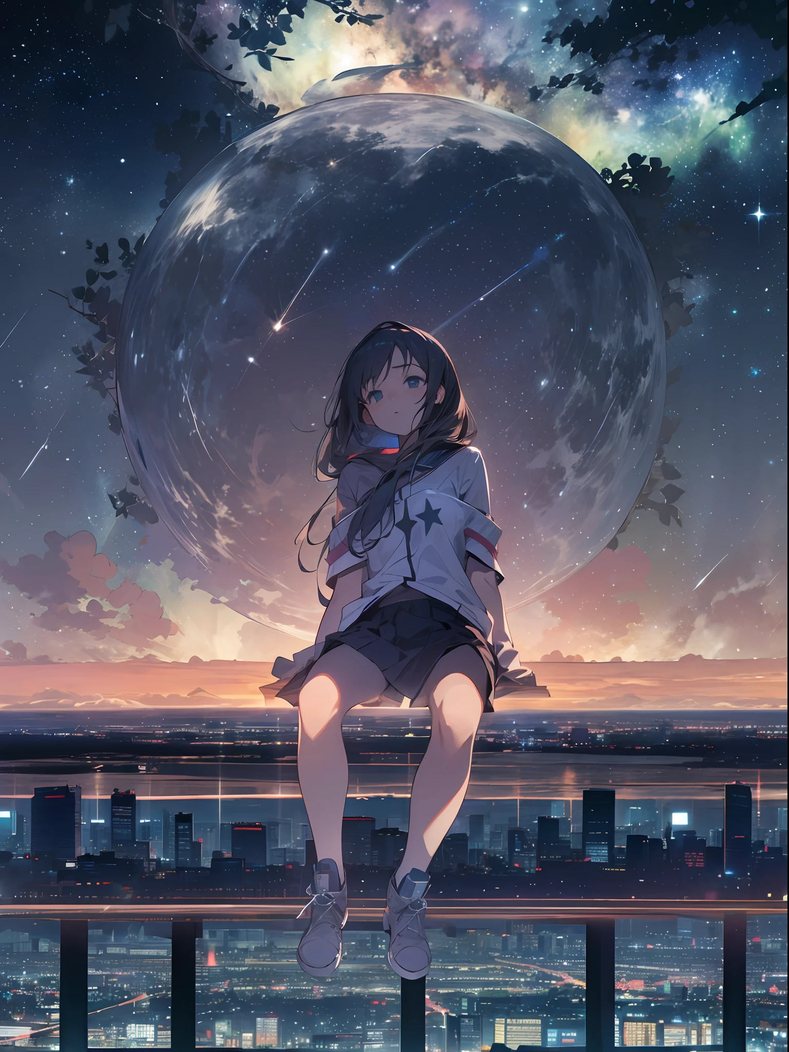 sky, star (sky), scenery, starry sky, night, 1girl, night sky, solo, outdoors, building, cloud, milky way, sitting, tree, long hair, city, silhouette, cityscape