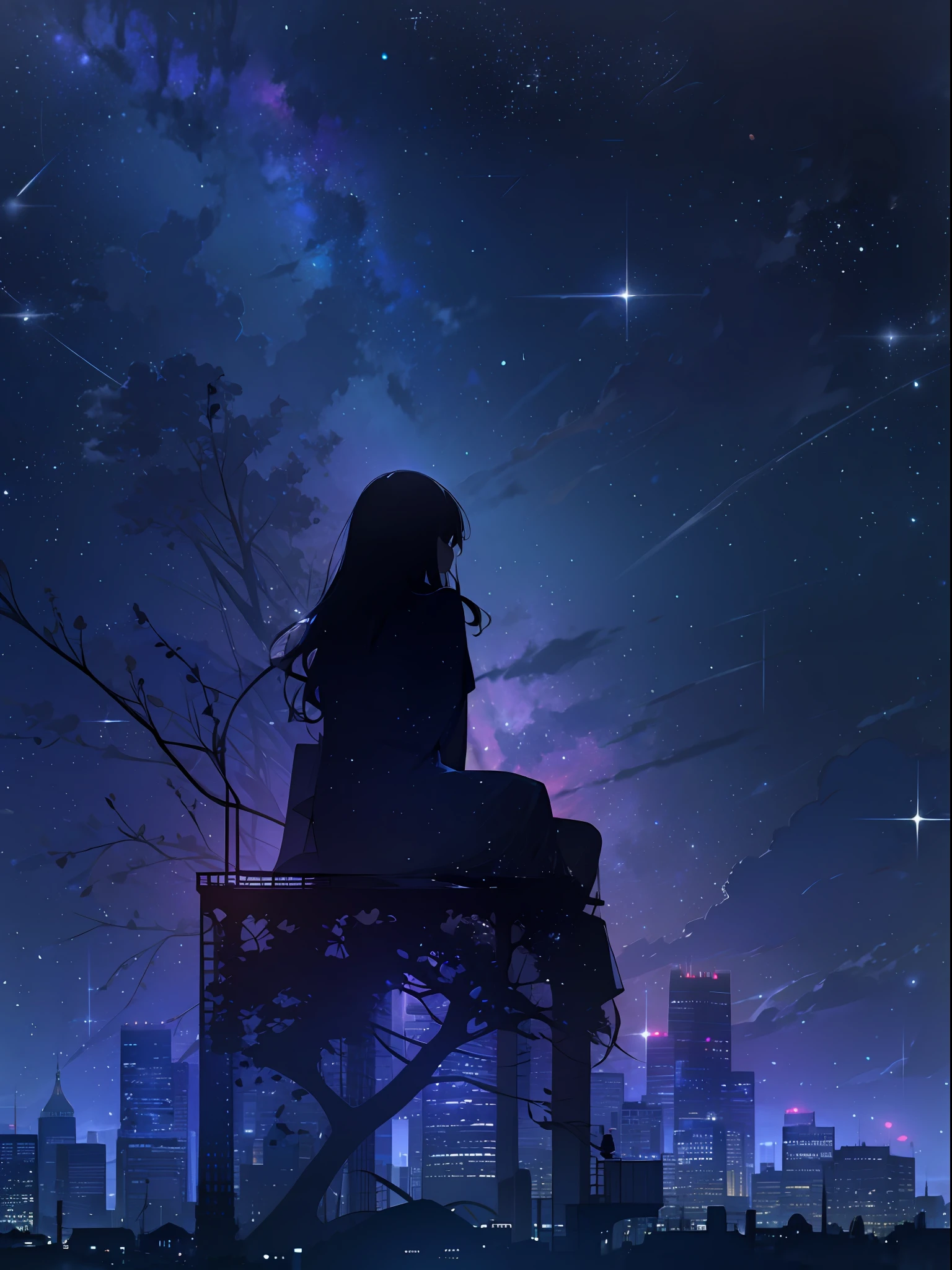 sky, star (sky), scenery, starry sky, night, 1girl, night sky, solo, outdoors, building, cloud, milky way, sitting, tree, long hair, city, silhouette, cityscape