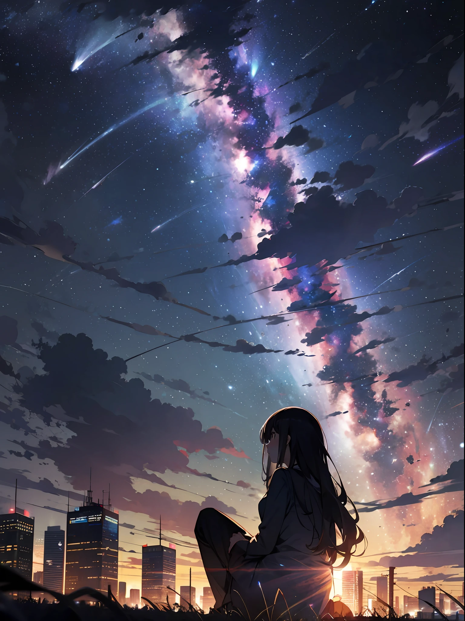 sky, star (sky), scenery, starry sky, night, 1girl, night sky, solo, outdoors, building, cloud, milky way, sitting, tree, long hair, city, silhouette, cityscape