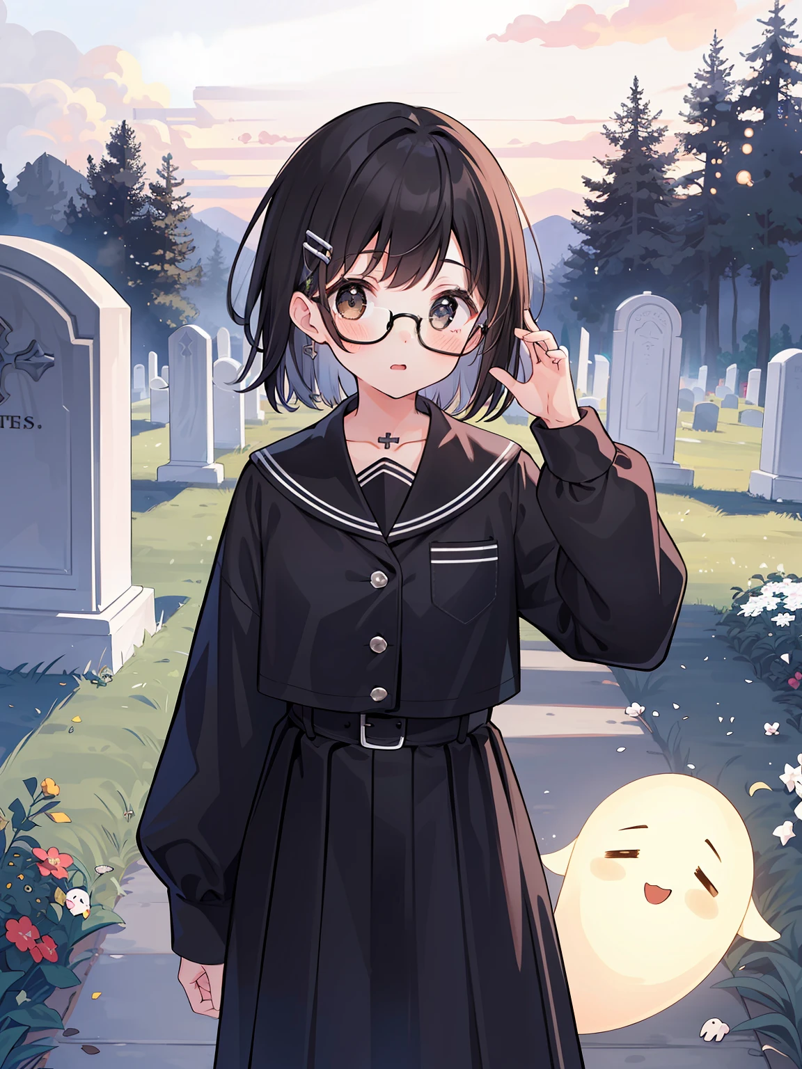(girl with、a junior high school student、A dark-haired、short-hair、straight haired、Light brown eyes、hair adornments、wearing black glasses、cute  face)、​masterpiece、best qualtiy、test of courage、Cute ghosts、astonished face、graveyard、natta