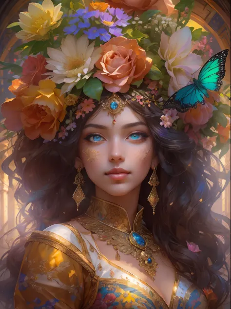 This artwork is colorful and exciting with lots of action and visual interest. Generate a strong and proud woman dressed in intricate and ornate circus garb and realistic skin and hair texture. Her eyes are beautiful and realistically shaded and her face i...