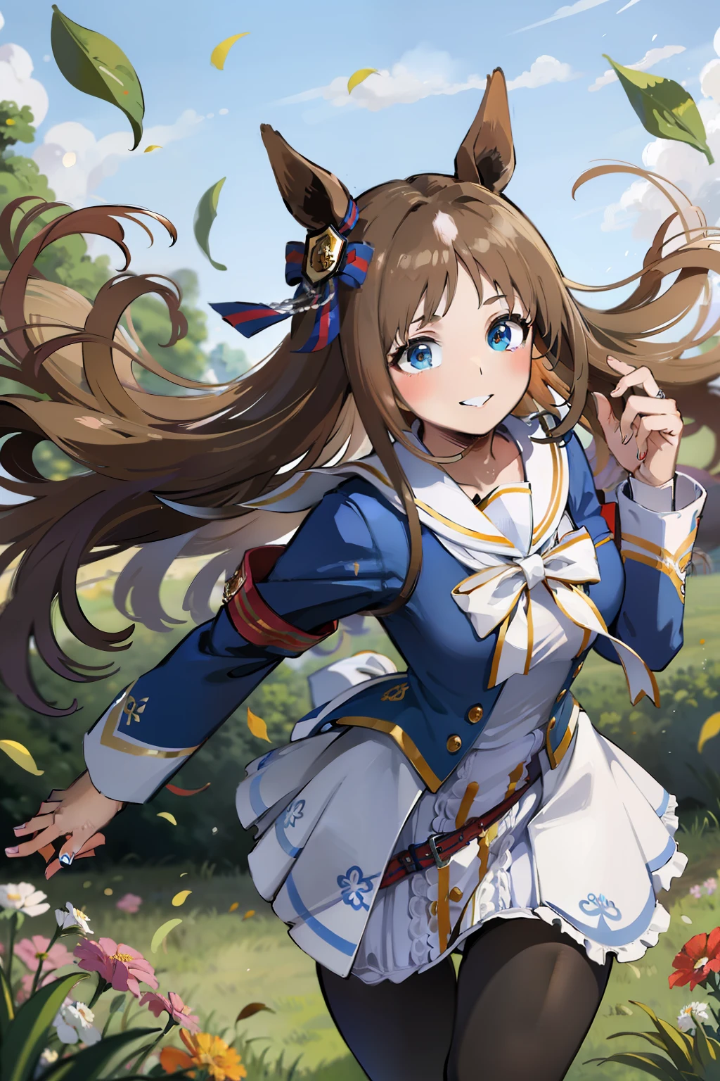 ((​masterpiece、top-quality))、独奏、Glass Wonder、Uma Musume、独奏、Marl、length hair、brown haired、((Blue sailor suit))、Blue jacket、White sailor color、long-sleeve、((Black tights))、ear ornament、White skirt、A smile、Red armband、White ribbon on chest、1 pair is black、The other pair is white、grass field、Running、the wind、dynamicposes、dynamic ungle