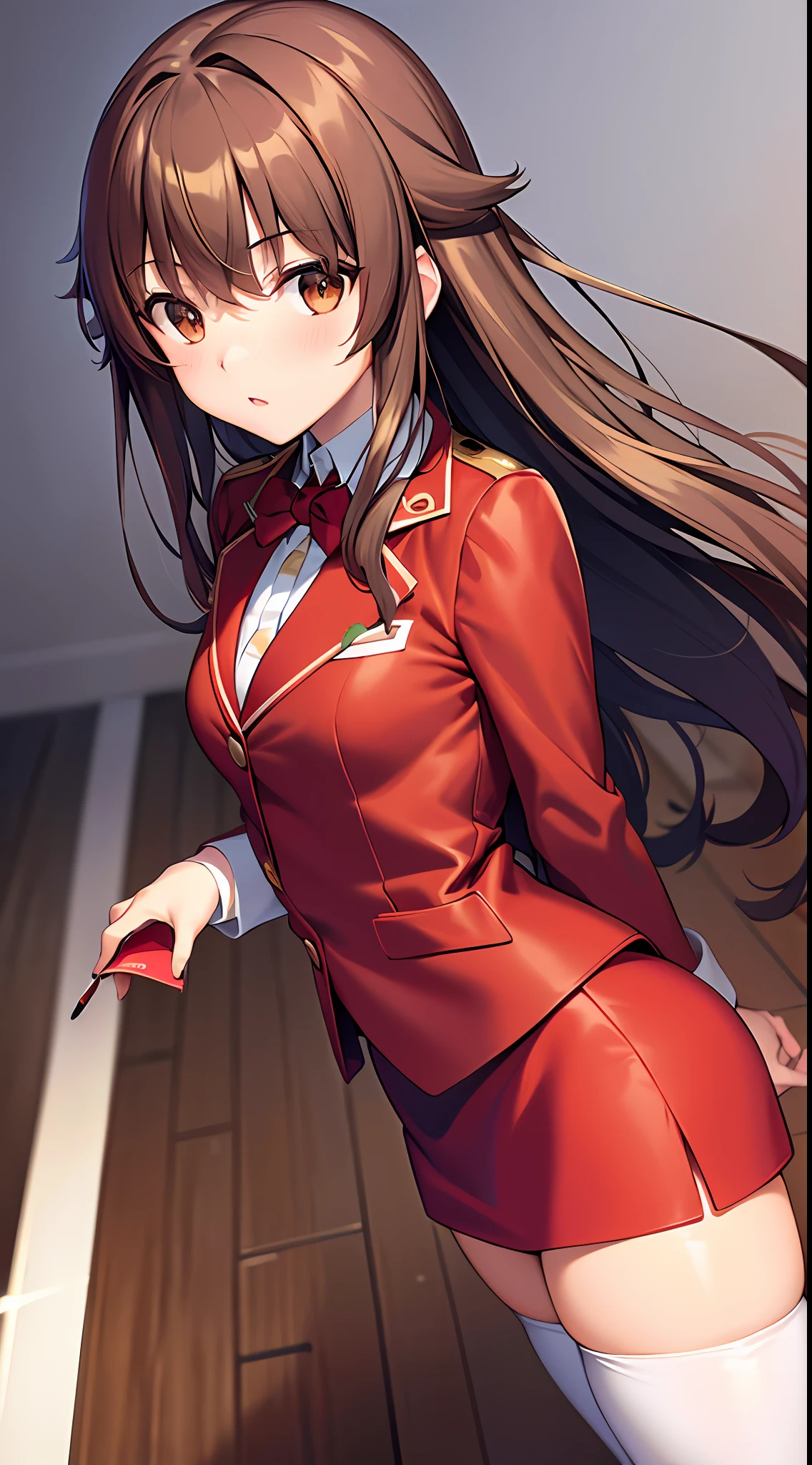 takeuchi takashi, ((Masterpiece, highres)), 1girl, solo, teenager, ((brown hair)), long hair, curly hair, matching hairstyles, different hair color, confident, elegant, rich girl, hazel eyes, happy, arms at sides, straight backs, (((red blazer, red pencil skirt, white thighhighs, thighhigh socks, blue high heels))), standing at attention, medium breasts, upper body